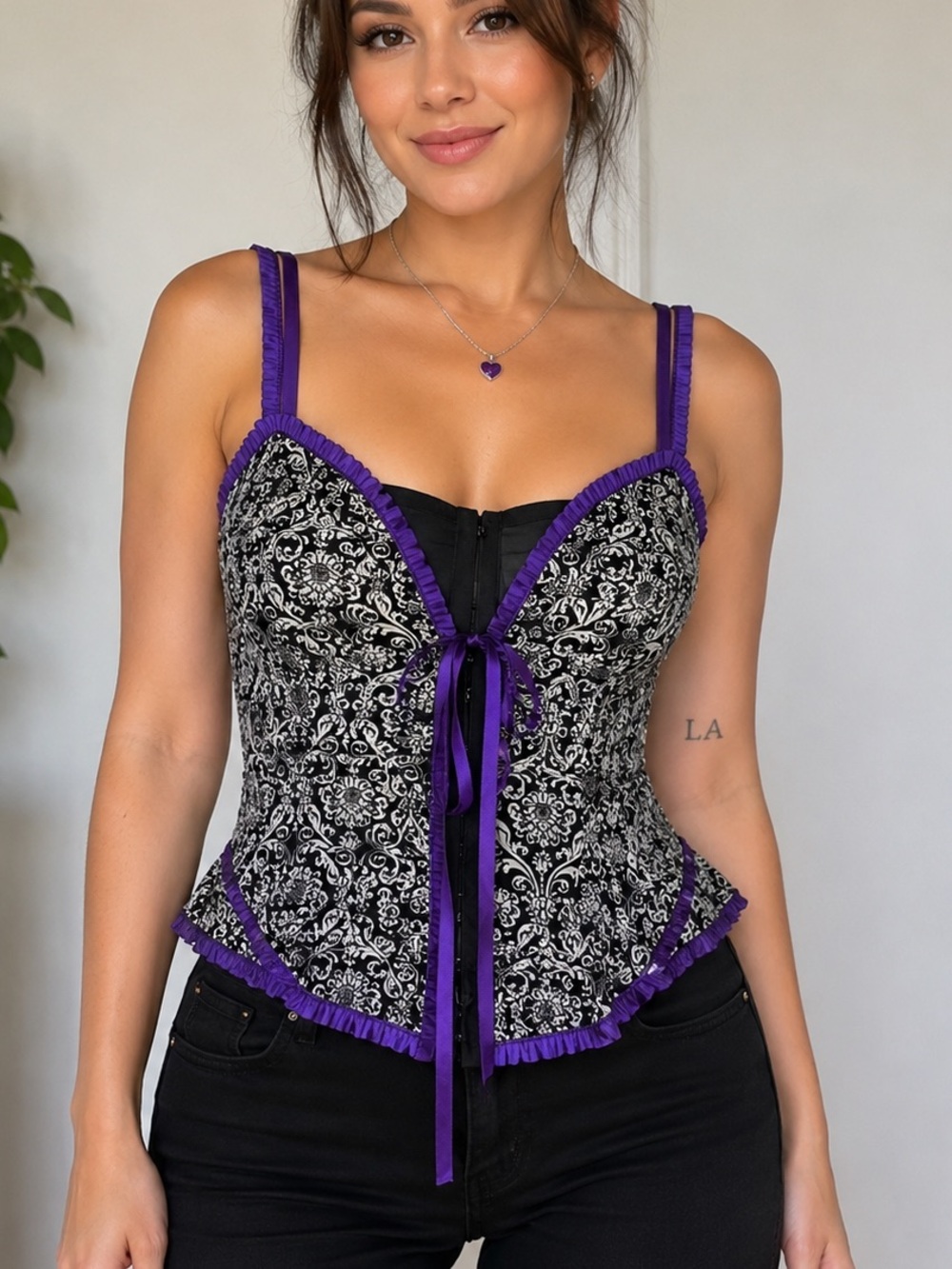 Gothic Damask Corset Top Purple Black Lace Up Bustier Lightweight Cami